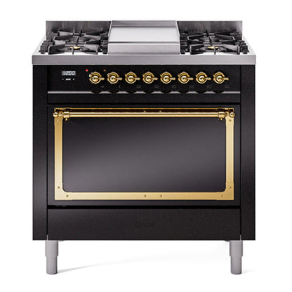 ILVE Nostalgie II Noblesse 36" Glossy Black Dual Fuel Range with 6 Burners and Griddle Solid Door Natural Gas