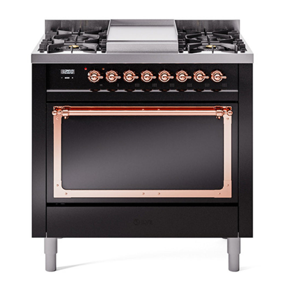ILVE Nostalgie II Noblesse 36" Glossy Black Dual Fuel Range with 6 Burners and Griddle Solid Door Natural Gas