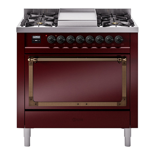 ILVE Nostalgie II Noblesse 36" Burgundy Dual Fuel Range with 6 Burners and Griddle Solid Door Natural Gas