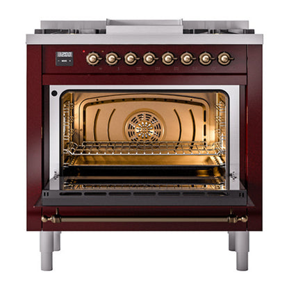 ILVE Nostalgie II Noblesse 36" Burgundy Dual Fuel Range with 6 Burners and Griddle Solid Door Natural Gas