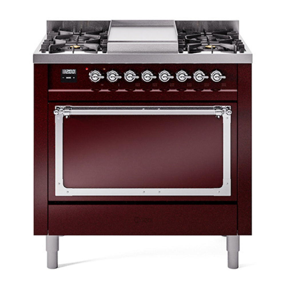 ILVE Nostalgie II Noblesse 36" Burgundy Dual Fuel Range with 6 Burners and Griddle Solid Door Natural Gas