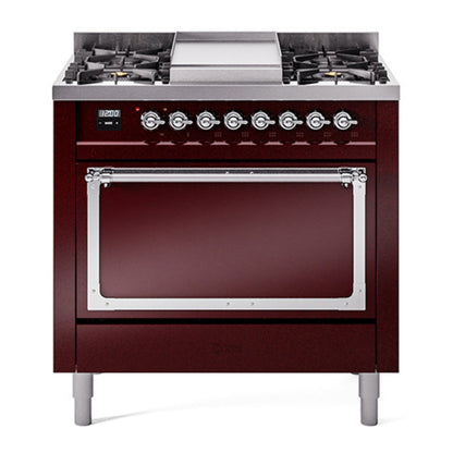 ILVE Nostalgie II Noblesse 36" Burgundy Dual Fuel Range with 6 Burners and Griddle Solid Door Natural Gas