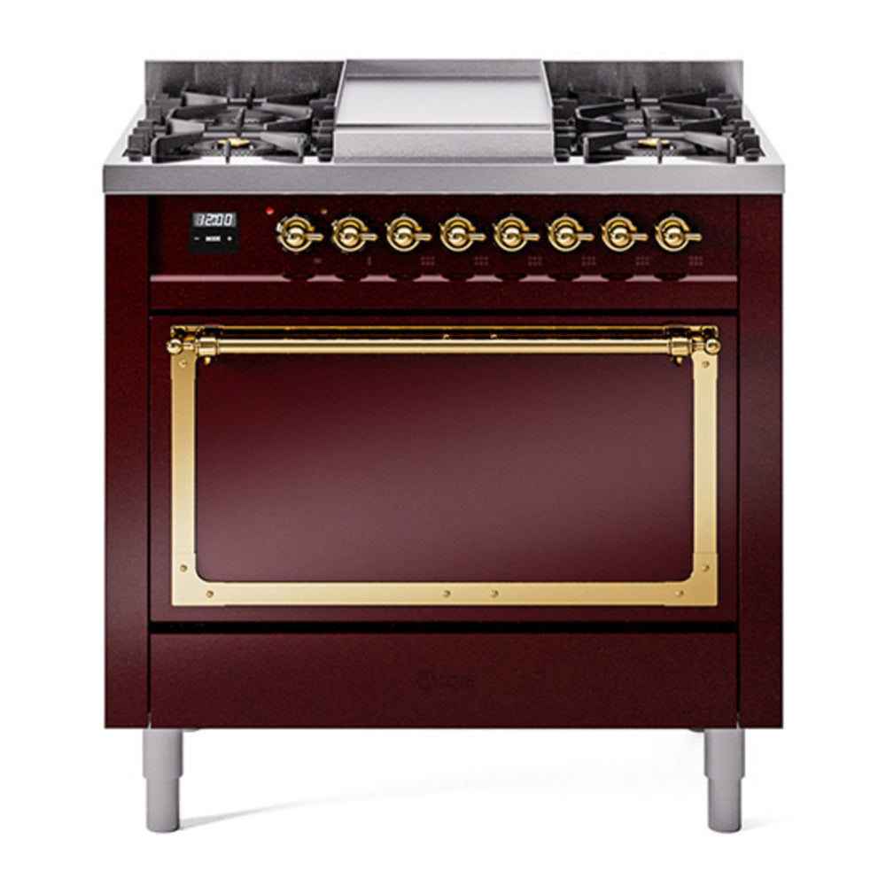 ILVE Nostalgie II Noblesse 36" Burgundy Dual Fuel Range with 6 Burners and Griddle Solid Door Natural Gas