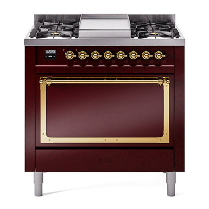 ILVE Nostalgie II Noblesse 36" Burgundy Dual Fuel Range with 6 Burners and Griddle Solid Door Natural Gas