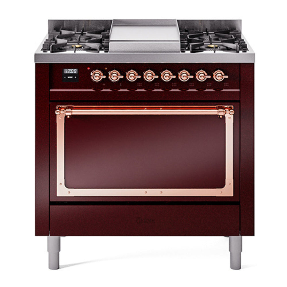 ILVE Nostalgie II Noblesse 36" Burgundy Dual Fuel Range with 6 Burners and Griddle Solid Door Natural Gas