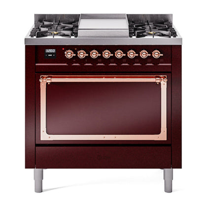 ILVE Nostalgie II Noblesse 36" Burgundy Dual Fuel Range with 6 Burners and Griddle Solid Door Natural Gas