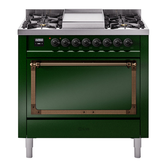 ILVE Nostalgie II Noblesse 36" Emerald Green Dual Fuel Range with 6 Burners and Griddle Solid Door Liquid Propane