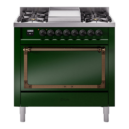 ILVE Nostalgie II Noblesse 36" Emerald Green Dual Fuel Range with 6 Burners and Griddle Solid Door Natural Gas