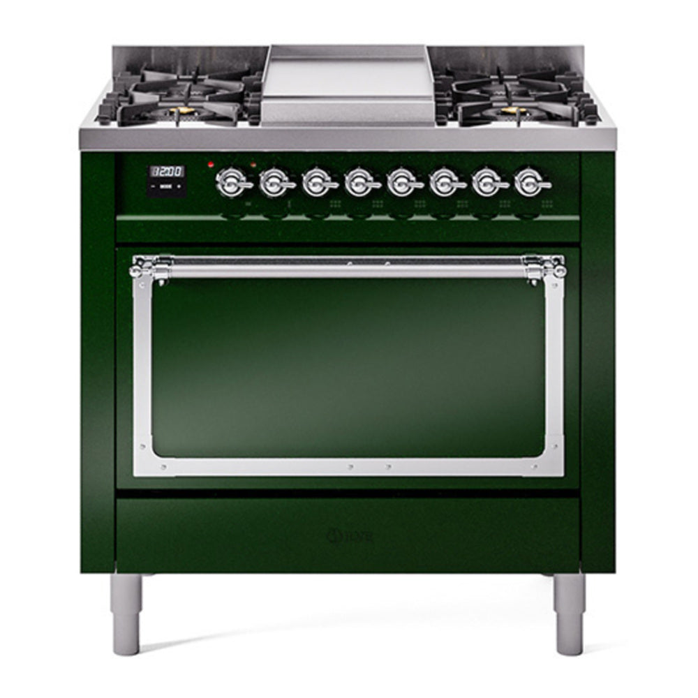 ILVE Nostalgie II Noblesse 36" Emerald Green Dual Fuel Range with 6 Burners and Griddle Solid Door Natural Gas