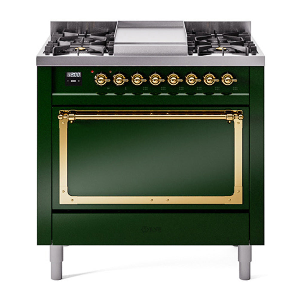 ILVE Nostalgie II Noblesse 36" Emerald Green Dual Fuel Range with 6 Burners and Griddle Solid Door Natural Gas