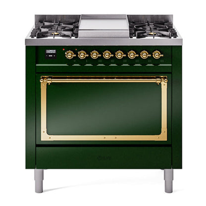 ILVE Nostalgie II Noblesse 36" Emerald Green Dual Fuel Range with 6 Burners and Griddle Solid Door Natural Gas