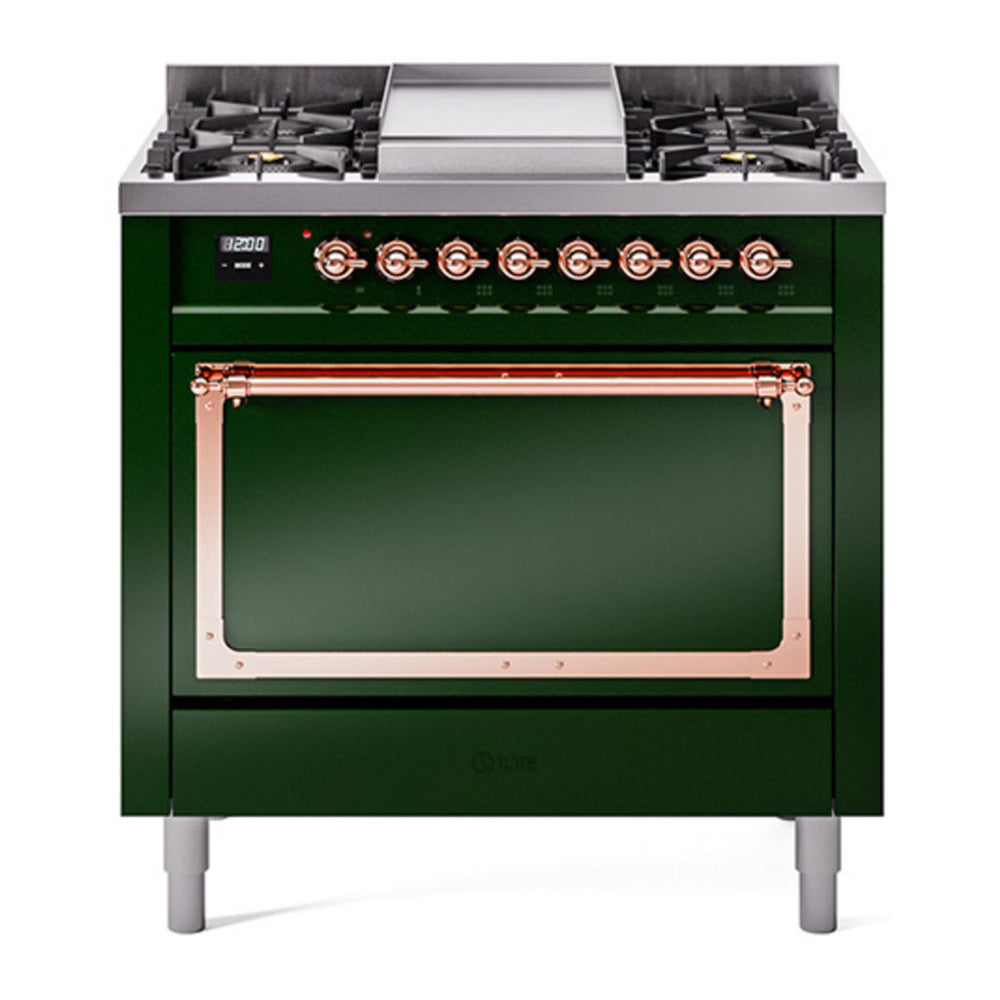 ILVE Nostalgie II Noblesse 36" Emerald Green Dual Fuel Range with 6 Burners and Griddle Solid Door Natural Gas