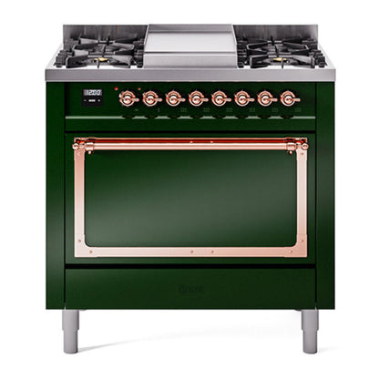 ILVE Nostalgie II Noblesse 36" Emerald Green Dual Fuel Range with 6 Burners and Griddle Solid Door Natural Gas