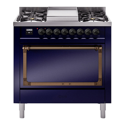 ILVE Nostalgie II Noblesse 36" Midnight Blue Dual Fuel Range with 6 Burners and Griddle Solid Door Natural Gas