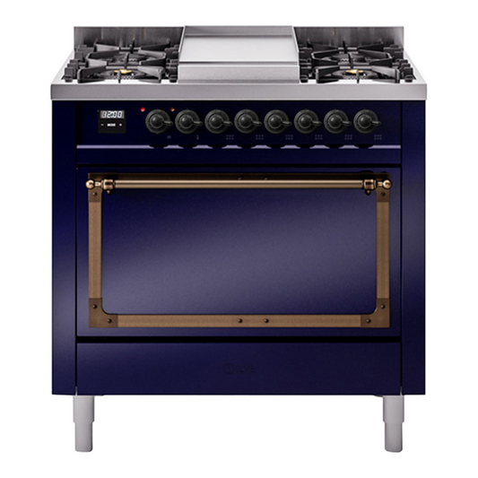 ILVE Nostalgie II Noblesse 36" Midnight Blue Dual Fuel Range with 6 Burners and Griddle Solid Door Natural Gas