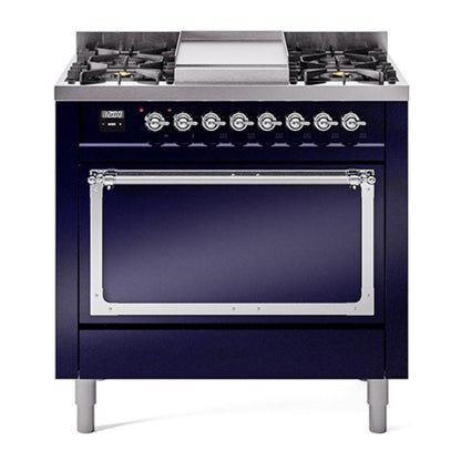 ILVE Nostalgie II Noblesse 36" Midnight Blue Dual Fuel Range with 6 Burners and Griddle Solid Door Natural Gas
