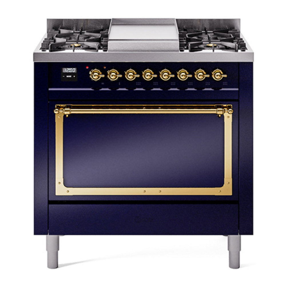 ILVE Nostalgie II Noblesse 36" Midnight Blue Dual Fuel Range with 6 Burners and Griddle Solid Door Natural Gas