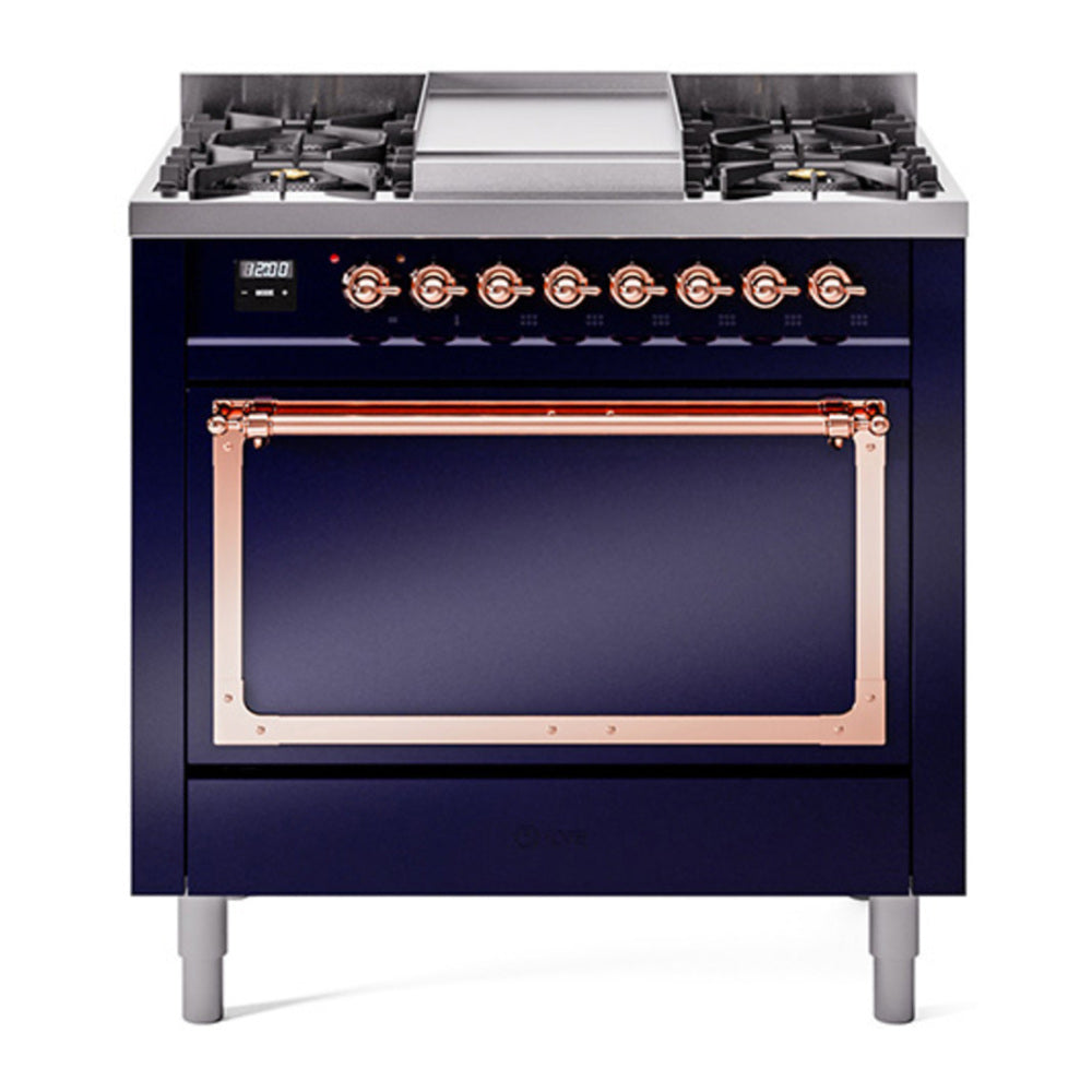 ILVE Nostalgie II Noblesse 36" Midnight Blue Dual Fuel Range with 6 Burners and Griddle Solid Door Natural Gas
