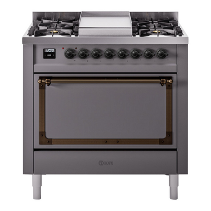 ILVE Nostalgie II Noblesse 36" Graphite Matte Dual Fuel Range with 6 Burners and Griddle Solid Door Natural Gas