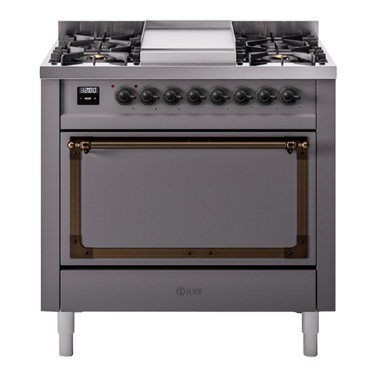 ILVE Nostalgie II Noblesse 36" Graphite Matte Dual Fuel Range with 6 Burners and Griddle Solid Door Natural Gas