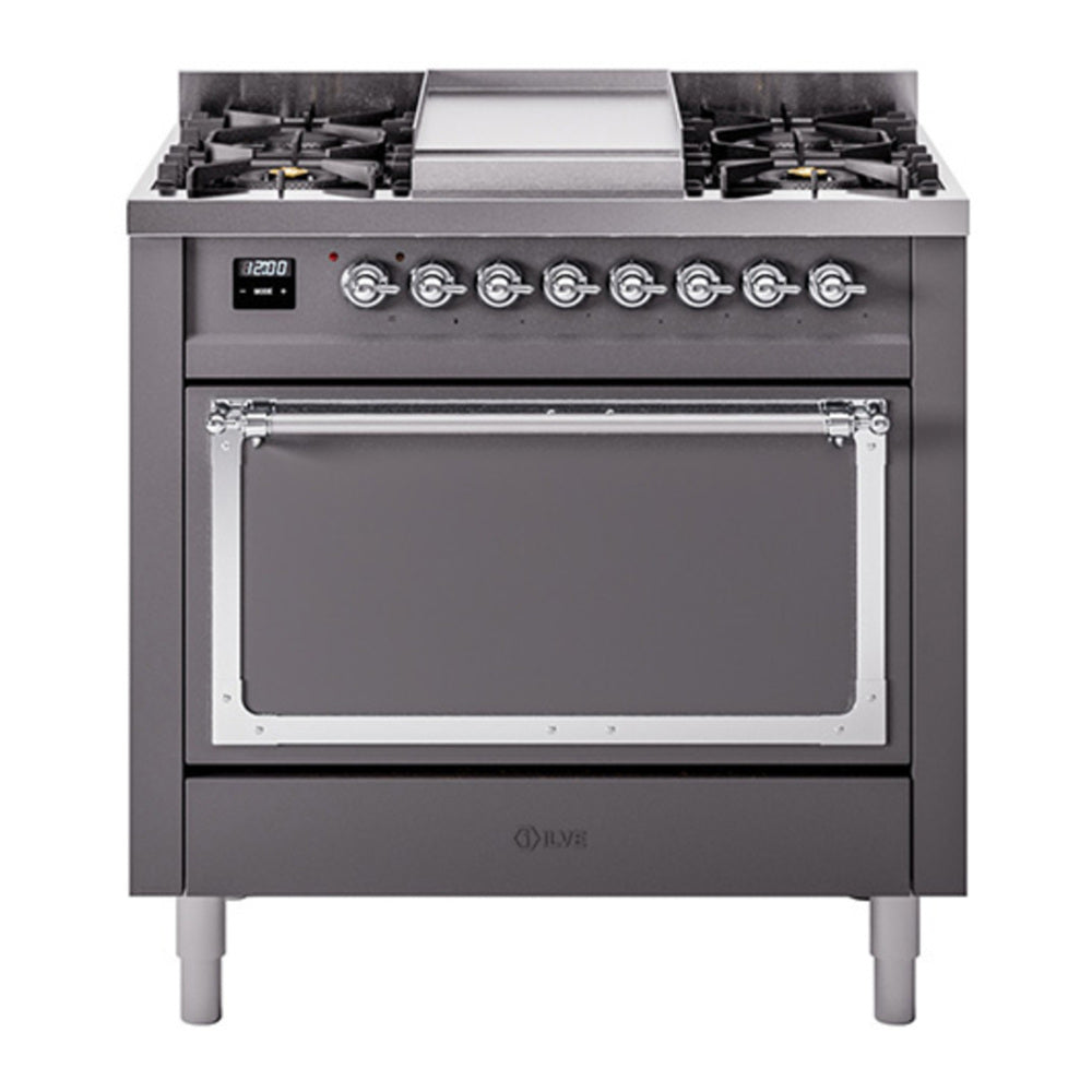 ILVE Nostalgie II Noblesse 36" Graphite Matte Dual Fuel Range with 6 Burners and Griddle Solid Door Natural Gas