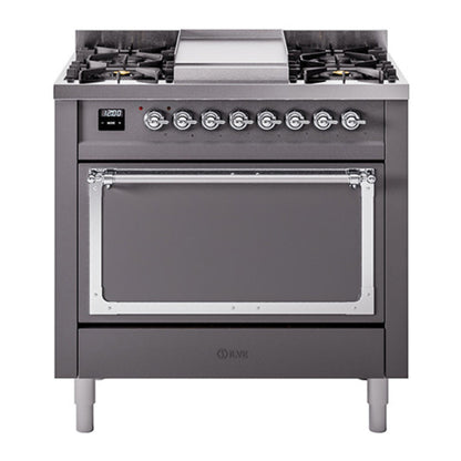 ILVE Nostalgie II Noblesse 36" Graphite Matte Dual Fuel Range with 6 Burners and Griddle Solid Door Natural Gas