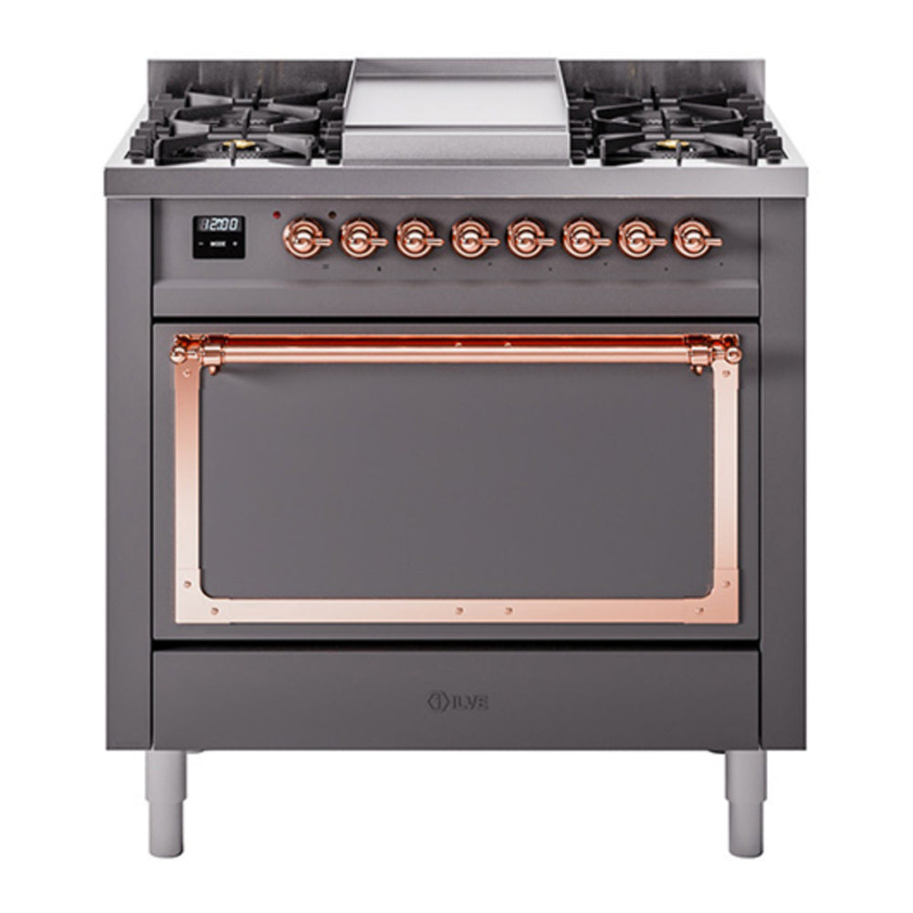 ILVE Nostalgie II Noblesse 36" Graphite Matte Dual Fuel Range with 6 Burners and Griddle Solid Door Natural Gas