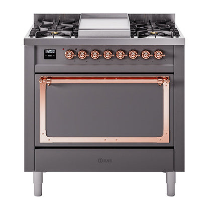 ILVE Nostalgie II Noblesse 36" Graphite Matte Dual Fuel Range with 6 Burners and Griddle Solid Door Natural Gas