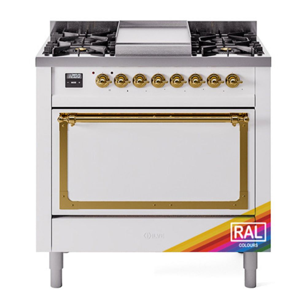 ILVE Nostalgie II Noblesse 36" RAL Dual Fuel Range with 6 Burners and Griddle Solid Door Natural Gas