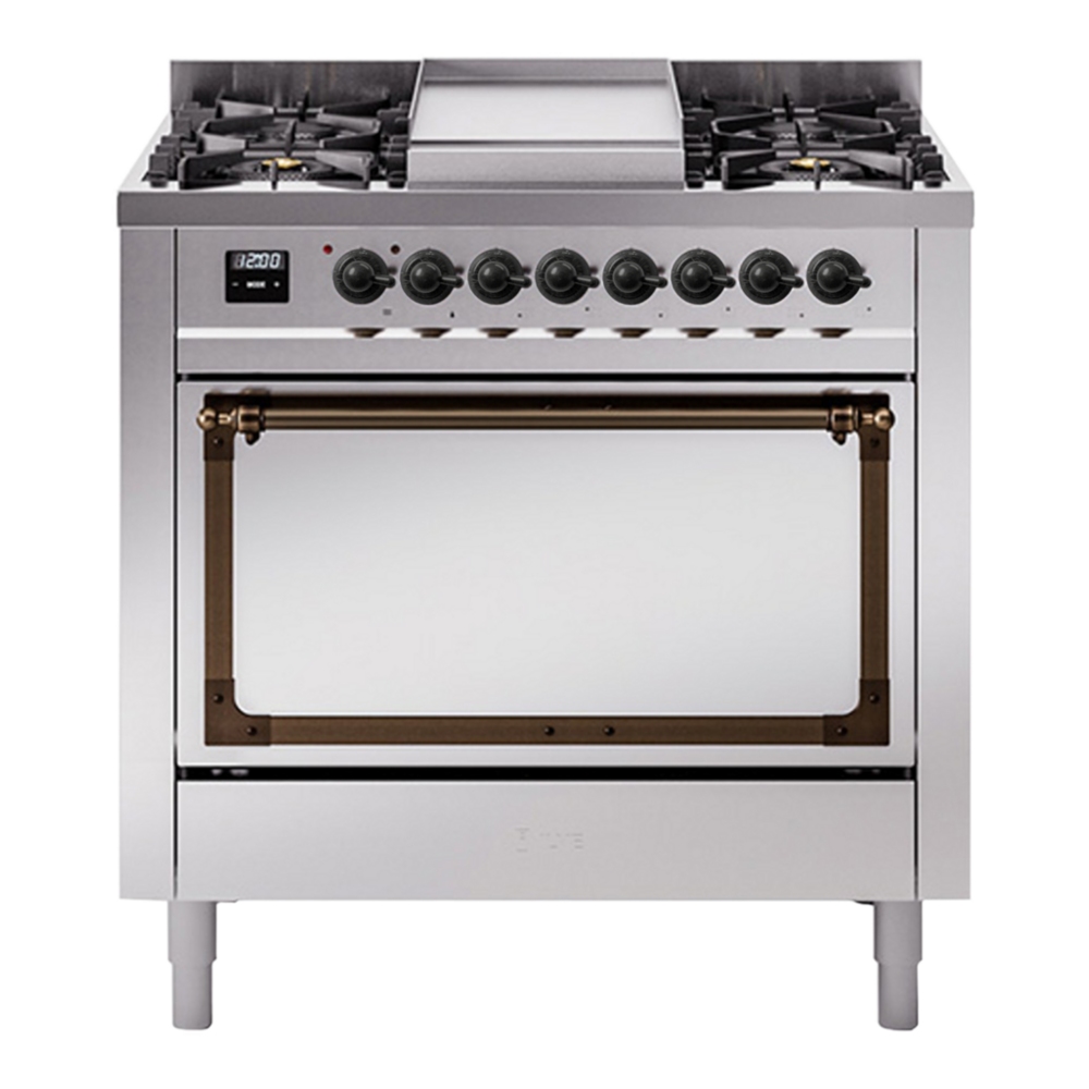 ILVE Nostalgie II Noblesse 36" Stainless Steel Dual Fuel Range with 6 Burners and Griddle Solid Door Natural Gas