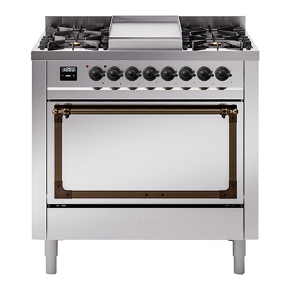 ILVE Nostalgie II Noblesse 36" Stainless Steel Dual Fuel Range with 6 Burners and Griddle Solid Door Natural Gas