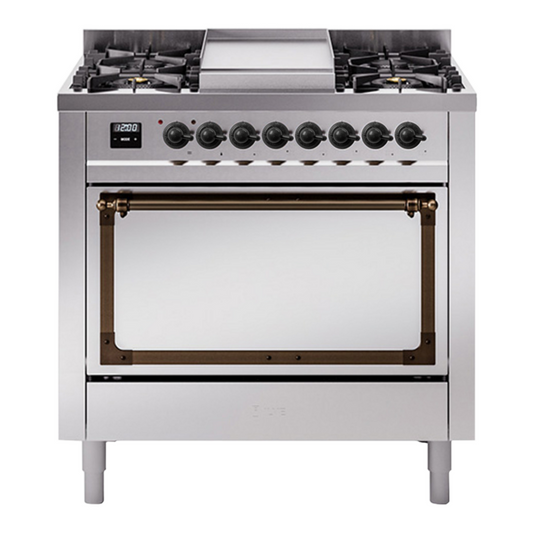 ILVE Nostalgie II Noblesse 36" Stainless Steel Dual Fuel Range with 6 Burners and Griddle Solid Door Natural Gas