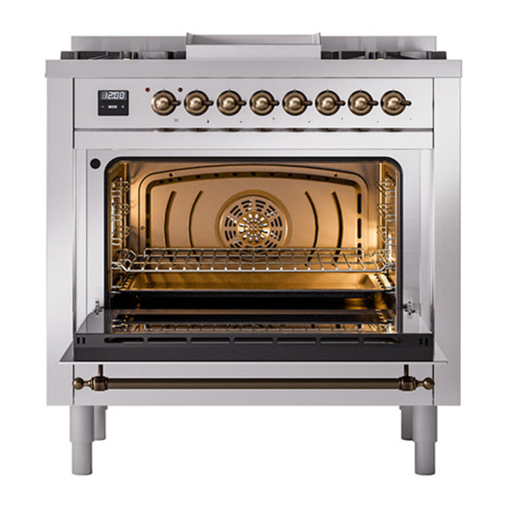 ILVE Nostalgie II Noblesse 36" Stainless Steel Dual Fuel Range with 6 Burners and Griddle Solid Door Natural Gas