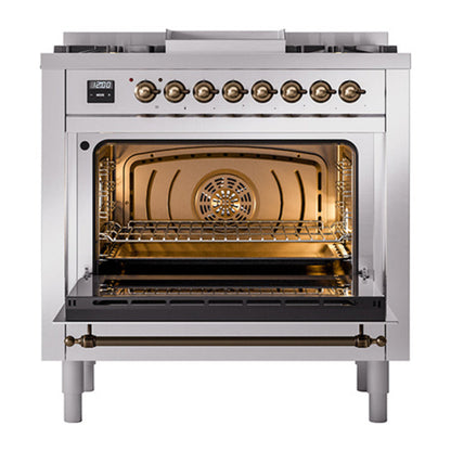 ILVE Nostalgie II Noblesse 36" Stainless Steel Dual Fuel Range with 6 Burners and Griddle Solid Door Natural Gas