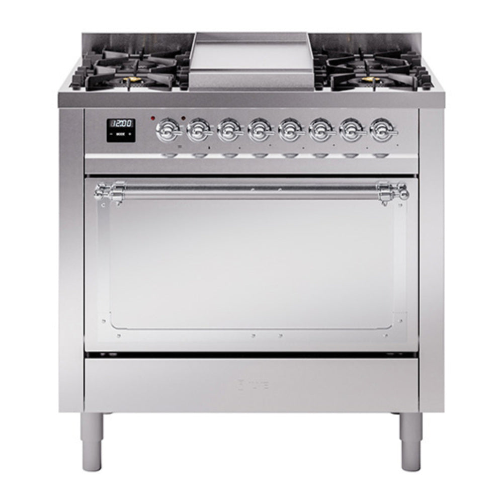 ILVE Nostalgie II Noblesse 36" Stainless Steel Dual Fuel Range with 6 Burners and Griddle Solid Door Natural Gas