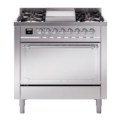 ILVE Nostalgie II Noblesse 36" Stainless Steel Dual Fuel Range with 6 Burners and Griddle Solid Door Natural Gas
