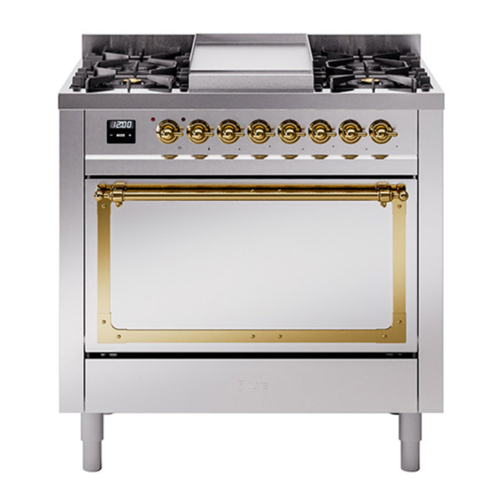 ILVE Nostalgie II Noblesse 36" Stainless Steel Dual Fuel Range with 6 Burners and Griddle Solid Door Natural Gas