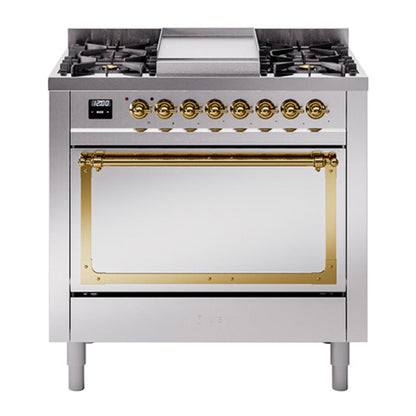 ILVE Nostalgie II Noblesse 36" Stainless Steel Dual Fuel Range with 6 Burners and Griddle Solid Door Natural Gas