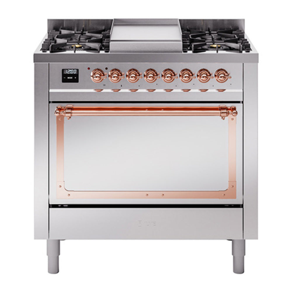 ILVE Nostalgie II Noblesse 36" Stainless Steel Dual Fuel Range with 6 Burners and Griddle Solid Door Natural Gas