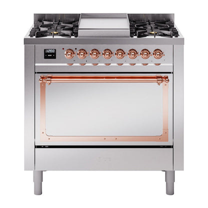 ILVE Nostalgie II Noblesse 36" Stainless Steel Dual Fuel Range with 6 Burners and Griddle Solid Door Natural Gas