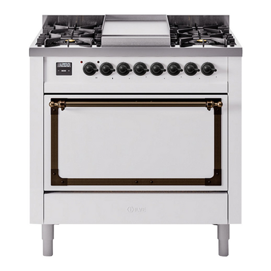 ILVE Nostalgie II Noblesse 36" White Dual Fuel Range with 6 Burners and Griddle Solid Door Liquid Propane