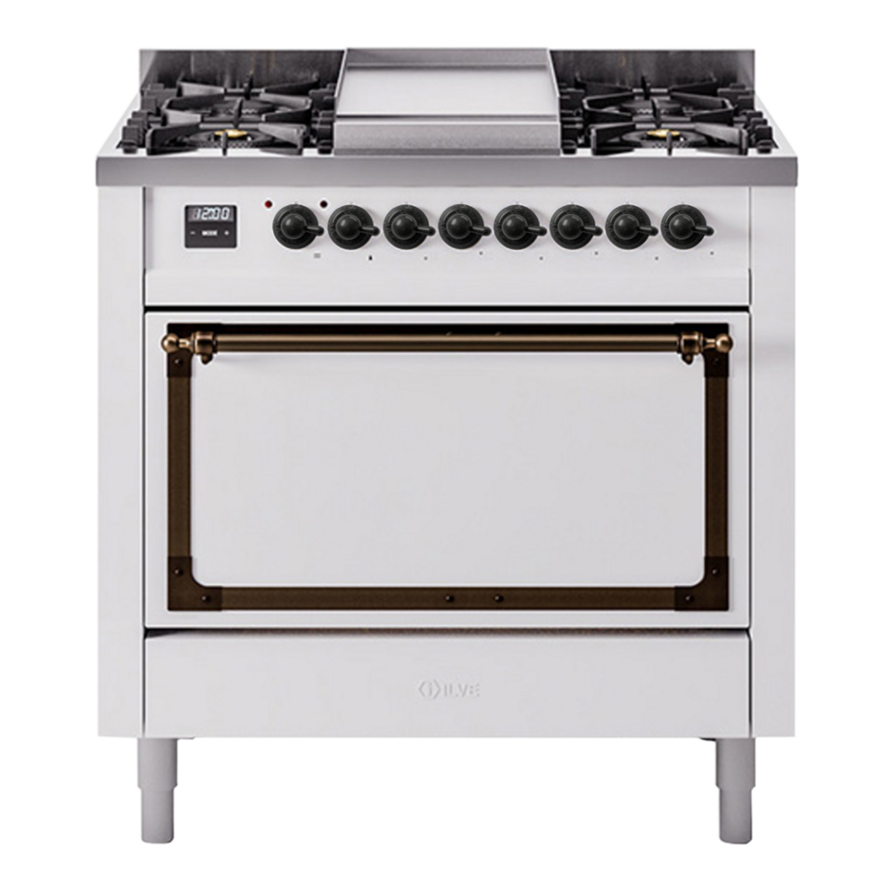 ILVE Nostalgie II Noblesse 36" White Dual Fuel Range with 6 Burners and Griddle Solid Door Natural Gas