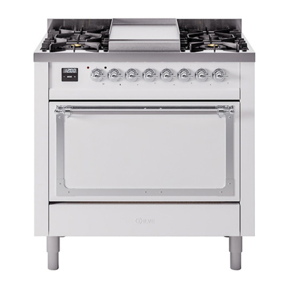 ILVE Nostalgie II Noblesse 36" White Dual Fuel Range with 6 Burners and Griddle Solid Door Natural Gas