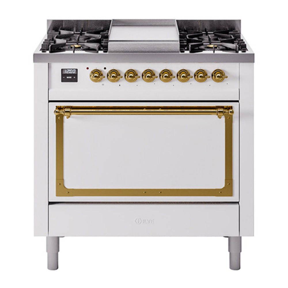ILVE Nostalgie II Noblesse 36" White Dual Fuel Range with 6 Burners and Griddle Solid Door Natural Gas