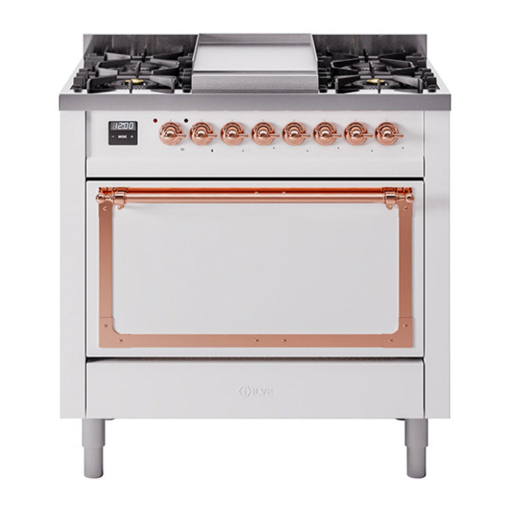 ILVE Nostalgie II Noblesse 36" White Dual Fuel Range with 6 Burners and Griddle Solid Door Natural Gas