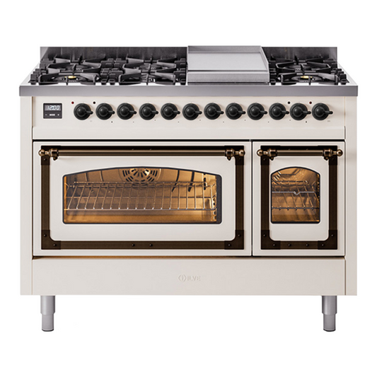 ILVE Nostalgie II Noblesse 48" Antique White Dual Fuel Range with 8 Burners and Griddle Triple Glass Door Liquid Propane