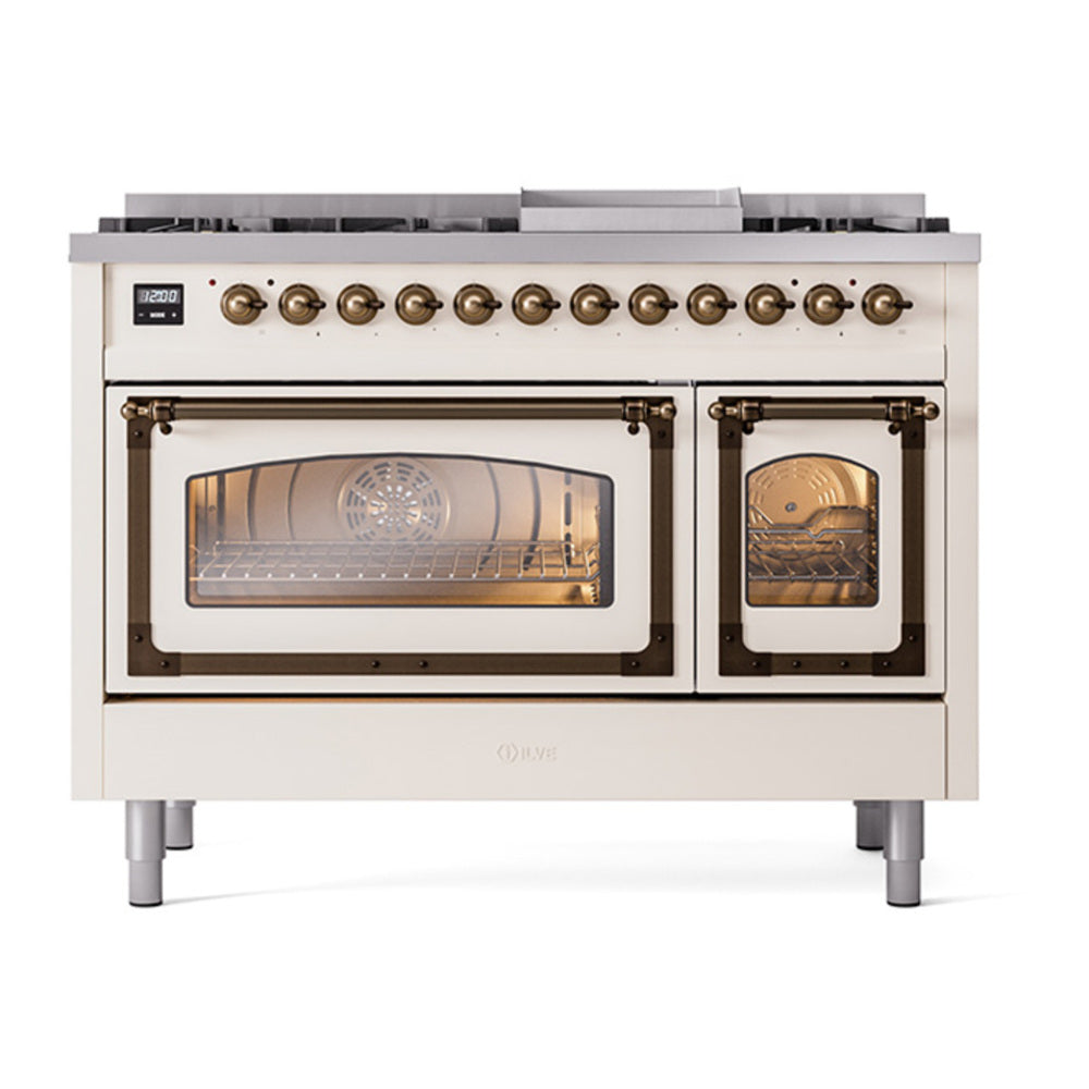 ILVE Nostalgie II Noblesse 48" Antique White Dual Fuel Range with 8 Burners and Griddle Triple Glass Door Natural Gas