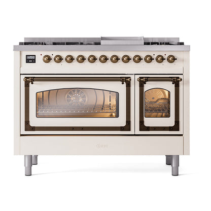ILVE Nostalgie II Noblesse 48" Antique White Dual Fuel Range with 8 Burners and Griddle Triple Glass Door Natural Gas