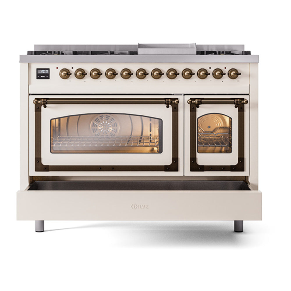 ILVE Nostalgie II Noblesse 48" Antique White Dual Fuel Range with 8 Burners and Griddle Triple Glass Door Natural Gas