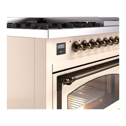 ILVE Nostalgie II Noblesse 48" Antique White Dual Fuel Range with 8 Burners and Griddle Triple Glass Door Natural Gas